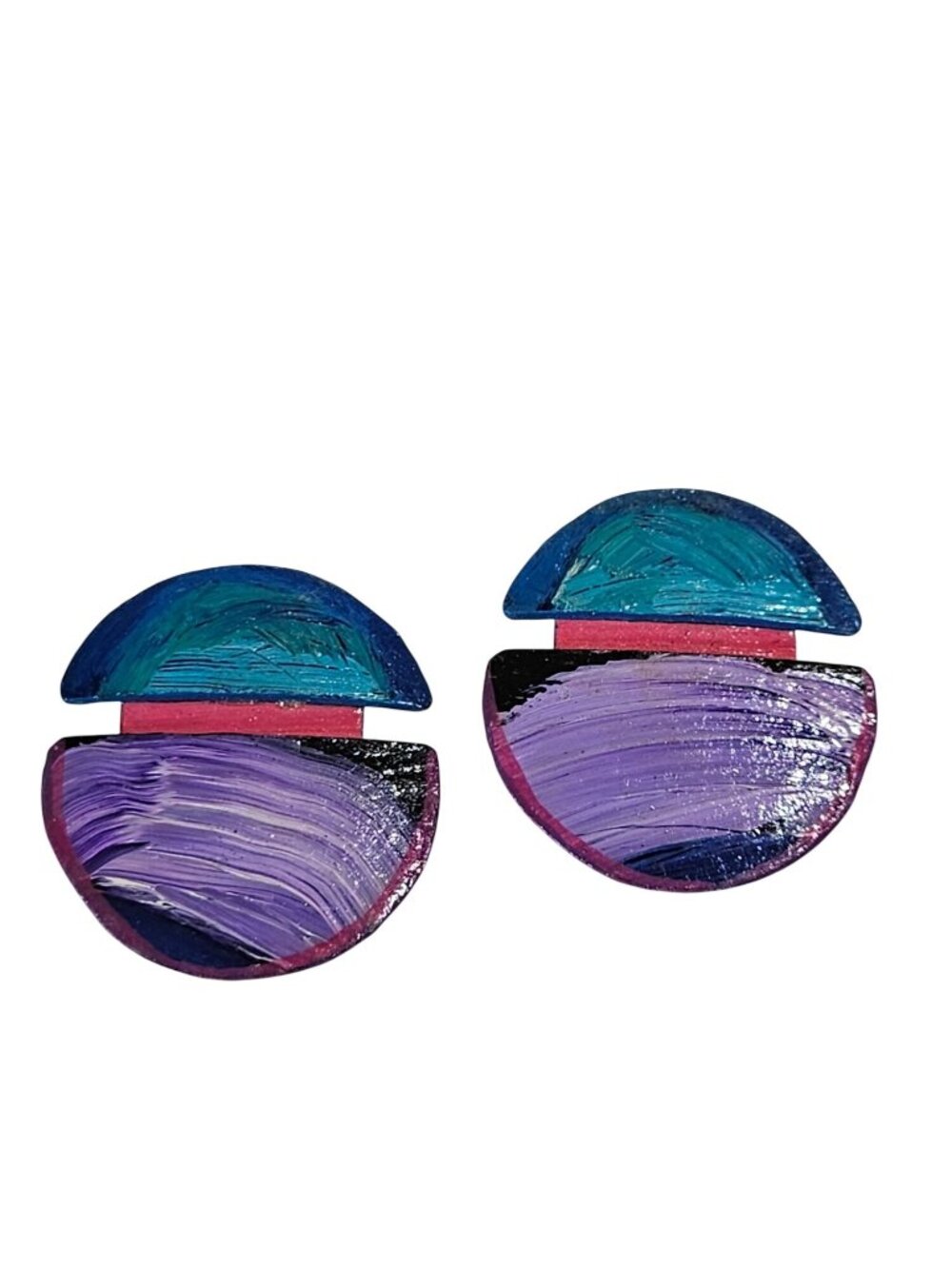 Abstract Painted Wooden Stud Earrings Statement 1.75 inches